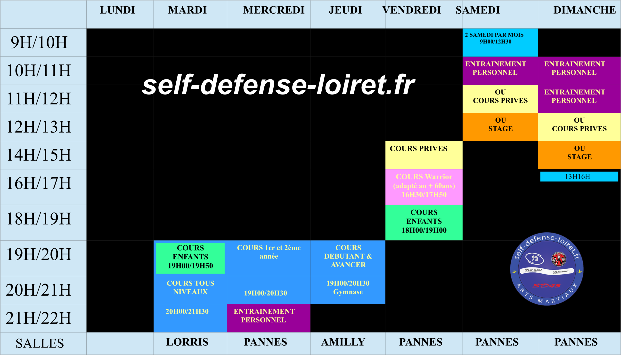 Planning officiel des cours SD45 Krav-Maga