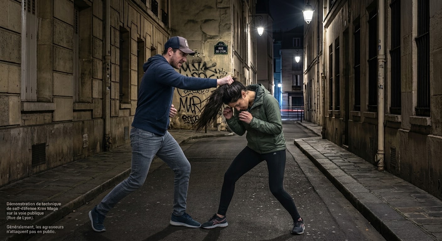 Démonstration de self-défense face à une saisie des cheveux dans une rue